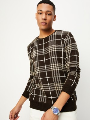 MAX Solid Round Neck Casual Men Brown, White Sweater