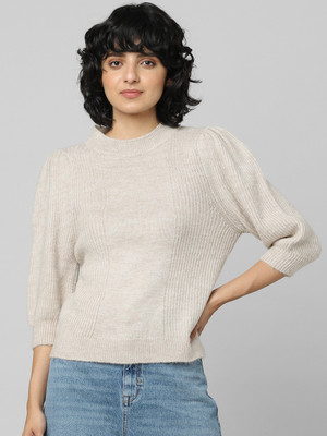 ONLY Solid Round Neck Casual Women Beige Sweater