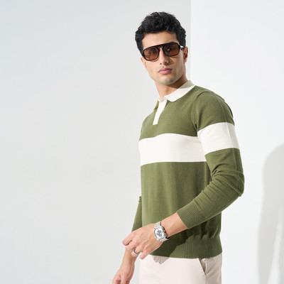Peregrine by Pantaloons Striped Collared Neck Casual Men Green Sweater