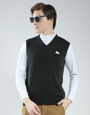 MONTE CARLO Solid V Neck Casual Men Green Sweater