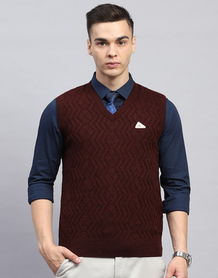 MONTE CARLO Self Design V Neck Casual Men Maroon Sweater