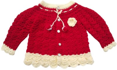 NILU CRAFT Self Design Round Neck Casual Baby Girls Red, Beige Sweater