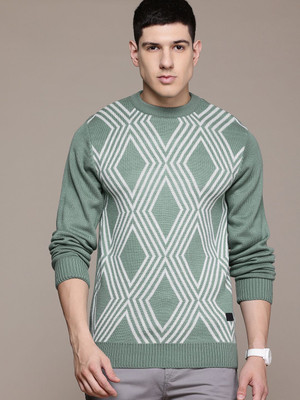 Roadster Self Design Round Neck Casual Men Green Sweater