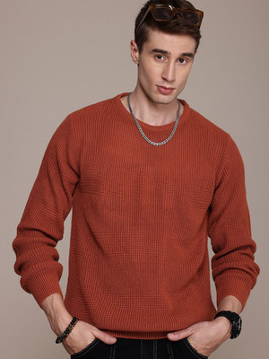 Roadster Self Design Round Neck Casual Men Red Sweater