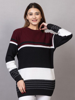 Hey Dude Striped Round Neck Casual Women Maroon Sweater