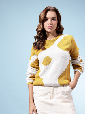 kasam Colorblock Round Neck Casual Women Yellow Sweater