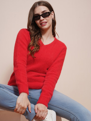 Globus Self Design V Neck Casual Women Red Sweater