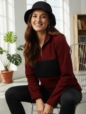 RIGO Colorblock Collared Neck Casual Women Maroon, Black Sweater