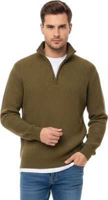 SHAUN Solid High Neck Casual Men Light Green Sweater