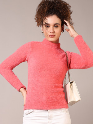 V-MART Solid Turtle Neck Casual Women Pink Sweater