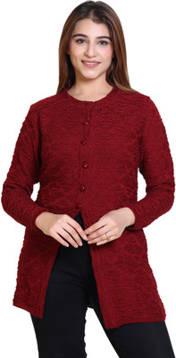Winter knit Self Design Round Neck Casual Women Maroon Sweater