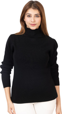 Oishee Solid High Neck Casual Women Black Sweater