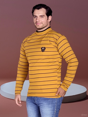 HouseOfCommon Printed High Neck Casual Men Yellow Sweater