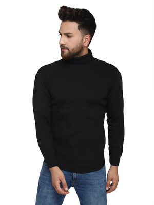 KVETOO Solid Turtle Neck Casual Men Black Sweater