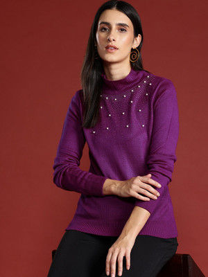 all about you Solid Turtle Neck Casual Women Purple Sweater
