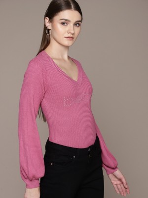 bebe Solid V Neck Casual Women Pink Sweater