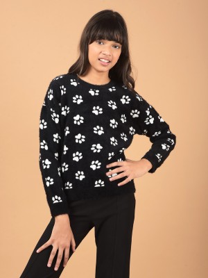 CRIMSOUNE CLUB Printed Round Neck Casual Girls Black Sweater