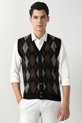 PETER ENGLAND Printed V Neck Casual Men Black Sweater