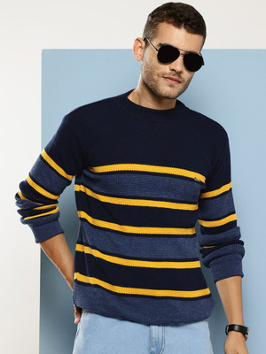 Roadster Striped Round Neck Casual Men Dark Blue Sweater
