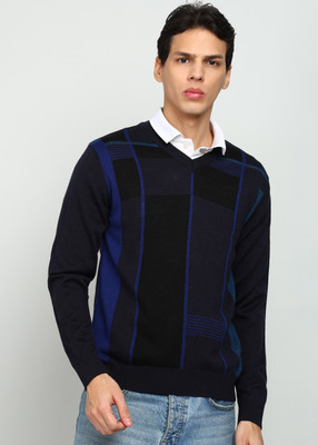 Raymond Self Design V Neck Casual Men Dark Blue Sweater