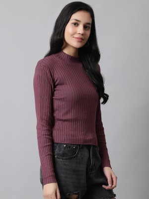 MansiCollections Striped High Neck Casual Women Maroon Sweater