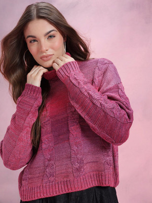 Dressberry Solid High Neck Casual Women Pink Sweater