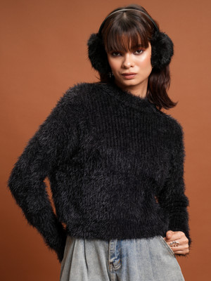 Tokyo Talkies Solid High Neck Casual Women Black Sweater