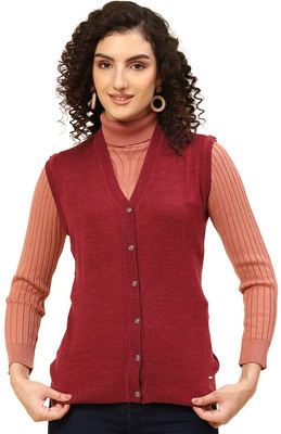 MONTE CARLO Solid V Neck Casual Women Maroon Sweater