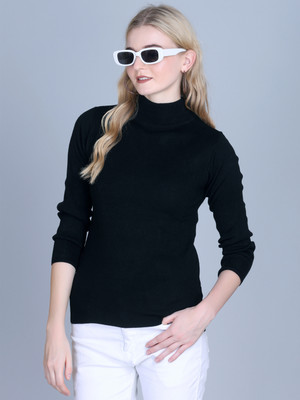7 ISLANDS Solid High Neck Casual Women Black Sweater