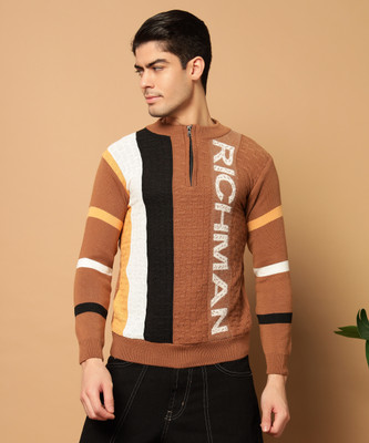 HELL BOUND Colorblock Round Neck Casual Men Brown Sweater