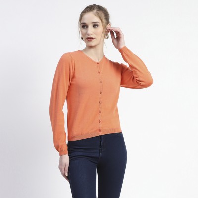 MADAME Solid V Neck Casual Women Orange Sweater