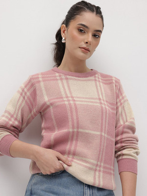 Roadster Checkered Round Neck Casual Women Pink Sweater