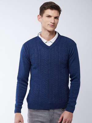 Pivl Solid V Neck Casual Men Dark Blue Sweater