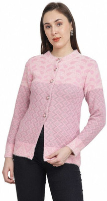 HITTIKA Geometric Print Round Neck Casual Women Pink Sweater