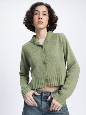 Glitchez Solid Keyhole Neck Casual Women Green Sweater