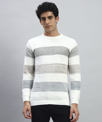 SILVANUS Striped Round Neck Casual Men Grey Sweater