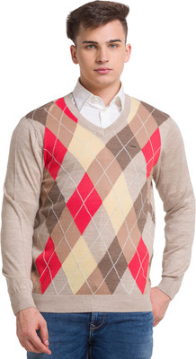 COLORPLUS Self Design V Neck Casual Men Beige Sweater