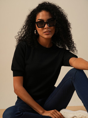 Globus Solid Round Neck Casual Women Black Sweater
