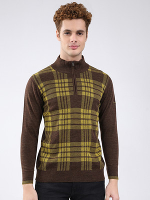 MONTE CARLO Checkered High Neck Casual Men Brown Sweater