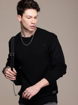 WROGN Solid Round Neck Casual Men Black Sweater