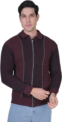 manra Self Design Collared Neck Casual Men Maroon Sweater