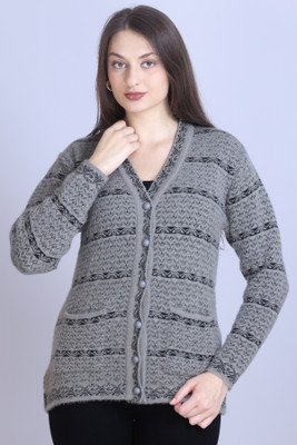 TRUDO Woven V Neck Casual Women Reversible Grey Sweater