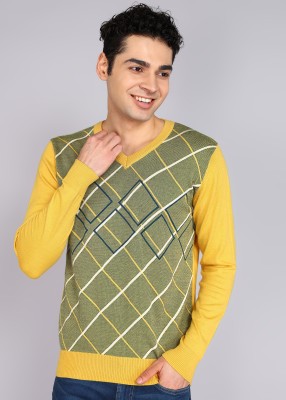 Raymond Printed V Neck Casual Men Yellow Sweater