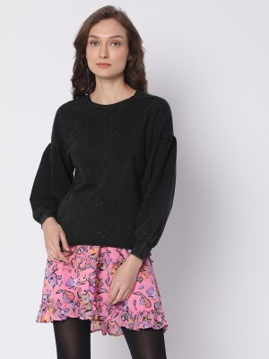 VERO MODA Solid Round Neck Casual Women Black Sweater