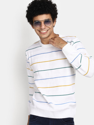 V-MART Self Design Round Neck Casual Men White, White Sweater