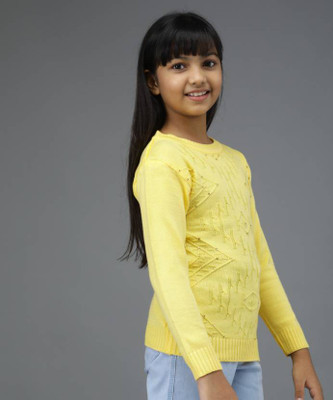 ChicCloset Embellished Round Neck Casual Girls Yellow Sweater