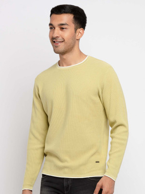 Status Quo Self Design Round Neck Casual Men Yellow Sweater
