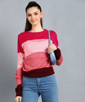 METRONAUT Colorblock Round Neck Casual Women Pink Sweater