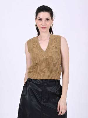 Nobarr Woven V Neck Casual Women Brown Sweater