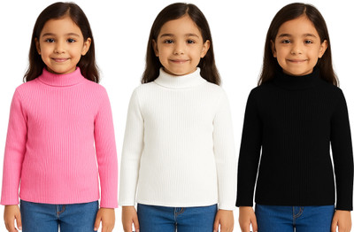Parilux Solid High Neck Casual Baby Girls Pink, White, Black Sweater